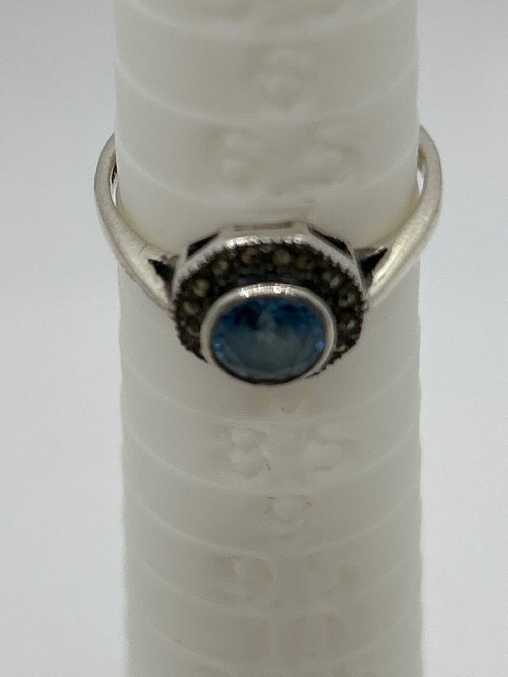 Vintage 925 Sterling Silver Blue Stone & Marcasite Halo Ring Size 6 - Picture 15 of 15